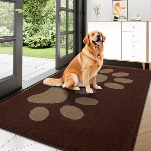 Buganda Dog Door Mat for Muddy Paws, Absorbent Dirt Trapper Washable Indoor Doormats, Non Slip Low-Profile Mud Mat for Dogs, Front Entrance Doormat for Inside Floor (47x32 Inches, Brown)