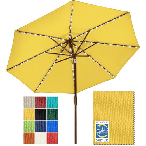 EliteShade USA 10-Year-Non-Fading Solar 9ft Market Umbrella with 80 LED Lights Patio Umbrellas Outdoor Table Umbrella with Ventilation, Sunflower Yellow