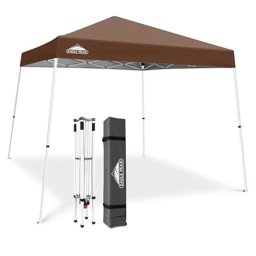 EAGLE PEAK 10x10 Slant Leg Pop-up Canopy Tent Easy One Person Setup Instant Outdoor Beach Canopy Folding Portable Sports Shelter 10x10 Base 8x8 Top (Dark Brown)