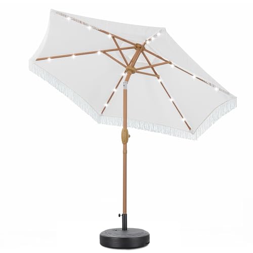 GDY 7.5 ft Fringe Patio Umbrella with Base, Stylish Tassel Umbrella with 18 LED Solar Lights for Outdoor Shade and Illumination, White