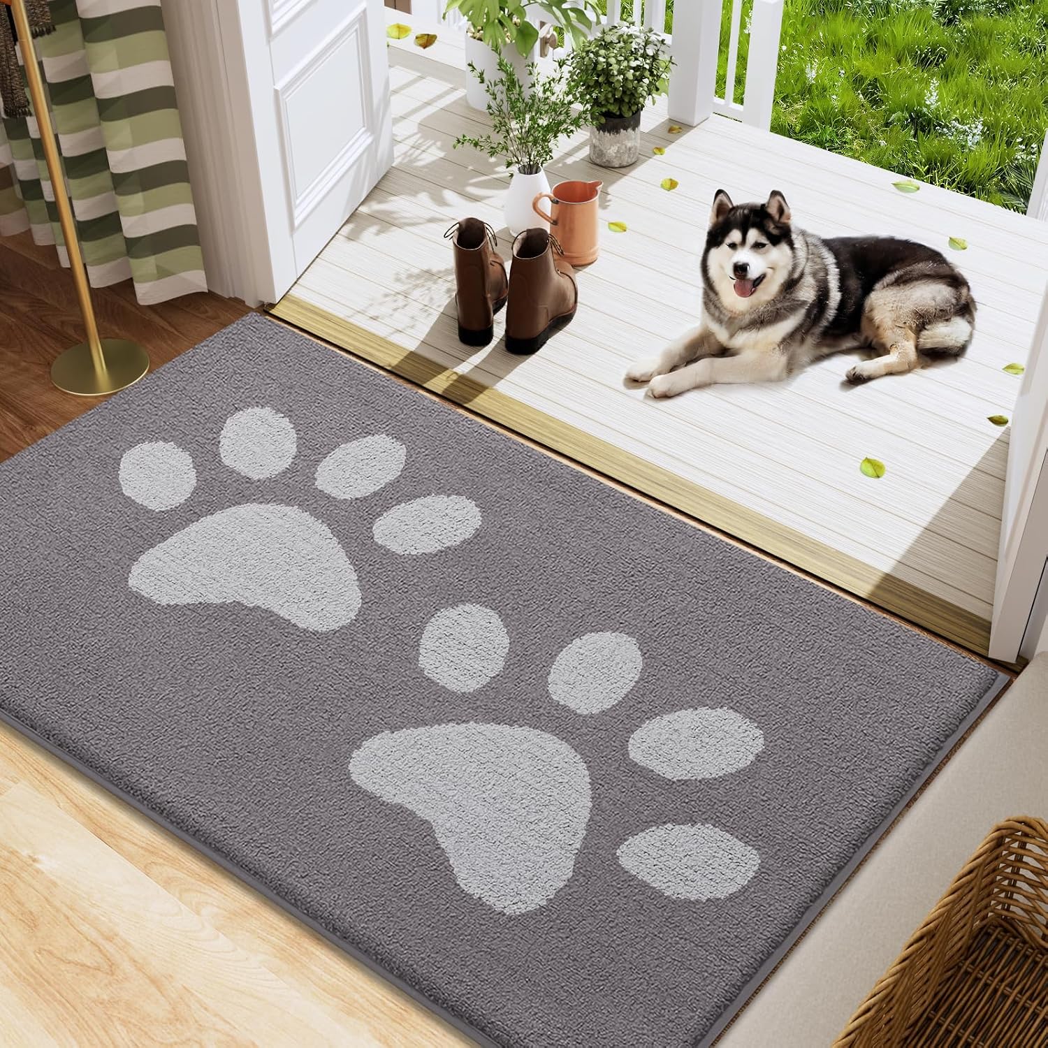 Buganda Dog Door Mat for Muddy Paws, Absorbent Dirt Trapper Washable Indoor Doormats, Non Slip Low-Profile Mud Mat for Dogs, Front Entrance Doormat for Inside Floor (48x30 Inches, Light Grey)