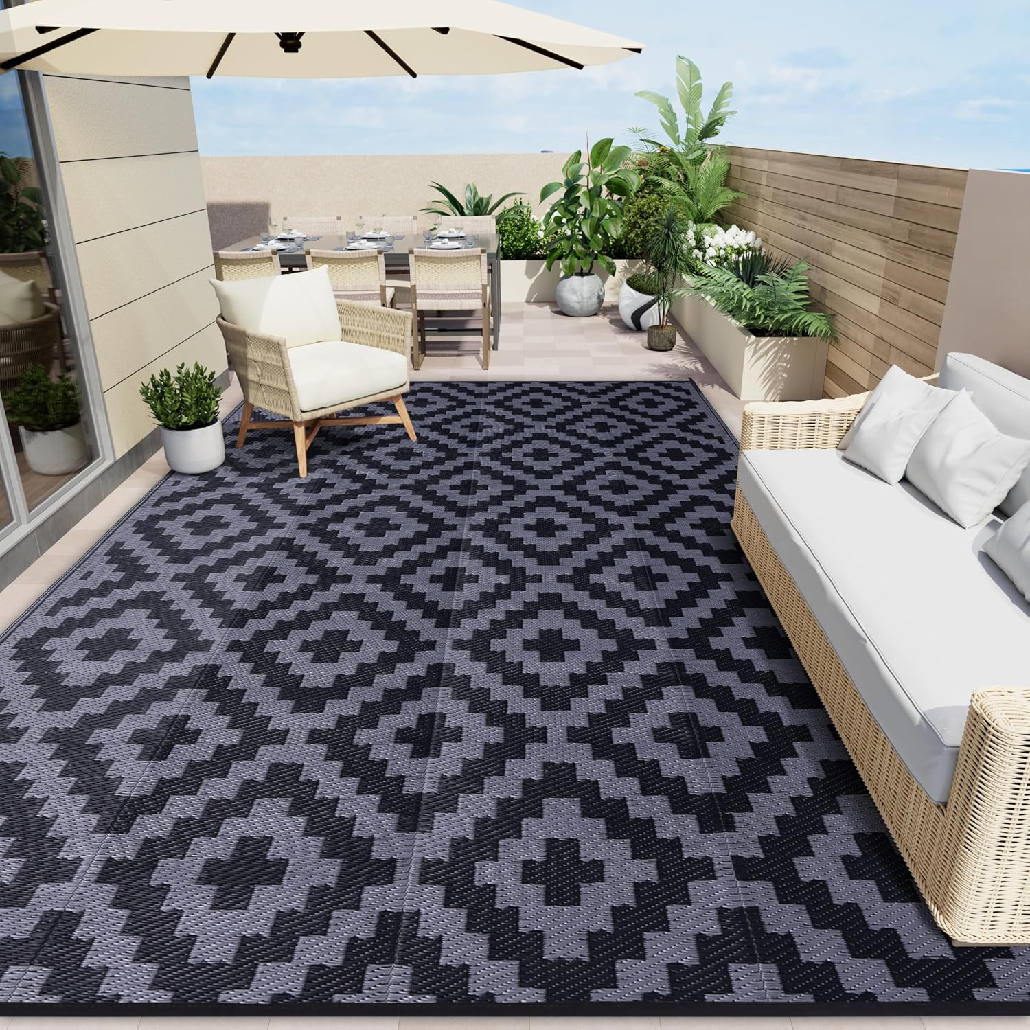 OLANLY Waterproof Outdoor Rug 9x18 ft, Outdoor Plastic Straw Rug for Camping, RV Mat Outside, Indoor Outdoor Carpet for Porch, Deck, Backyard, Balcony, Picnic, Black & Grey