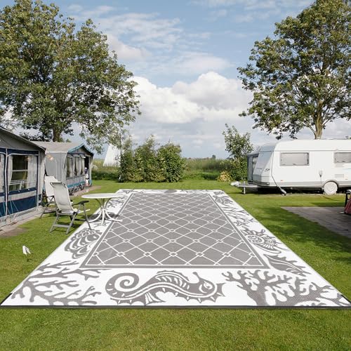 Vaukki Reversible Rugs, Plastic Straw Outdoor Doormat, Fade Resistant Plastic Outdoor Patio Mat, Lightweight Ocean Area Carpet for Patio, RV, Camping, Beach, Deck, Backyard and Picnic (Grey, 9'x12')