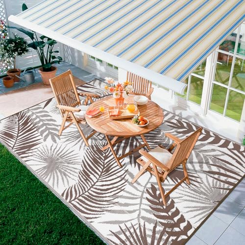 Outdoor Rug Waterproof for Patios Clearance, Reversible Outdoor Plastic Straw Rug Camping Carpet, Outside Floor Mats Large Area Rugs for RV,Patio,Deck,Porch,Beach,Balcony,10'x8',Brown&White