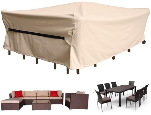 Patio Furniture Set Covers Waterproof Patio Conversation Sets Cover Outdoor Sectional Sofa Couch Cover Outside Dining Set Table and chairs Covers Heavy Duty 600D 108" L x 82" W x 28" H Beige