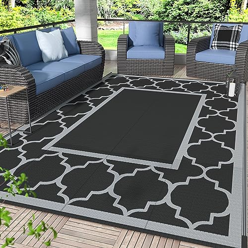 GENIMO Outdoor Rug 9' x 12' Waterproof for Patio Decor, Reversible Plastic Straw Area Rugs Mat for Camper, Outside Carpet for Camping, Rv, Deck, Porch, Picnic, Beach, Balcony, Black & Grey