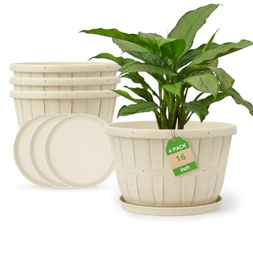 Quarut Plant Planters Pots Set of 4 Pack 16 Inch,Large Plastic Flower Pot for Indoor Plants with Drainage Holes & Trays, Whiskey Barrel Planters with Saucer for House Outdoor Garden Plant(White)
