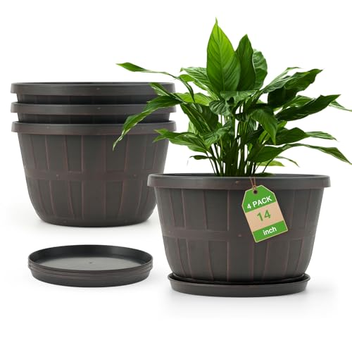 Quarut 14 Inch Plastic-Flower-Pot-for-Indoor-Plants, 4 Pack Large Outdoor Planter Pot with Drainage Holes & Saucers, Resin Decorative Garden Pots Planters(Brown)