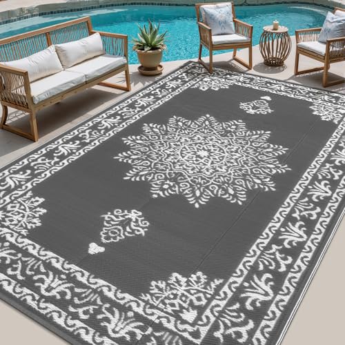Yamaziot Outdoor Rug 8x10 Ft, Waterproof Reversible Plastic Straw Patio Rug, UV Resistant Portable RV Mat Clearance, Large Indoor Outdoor Rug for Patio, Porch, Deck, Balcony, Dark Gray