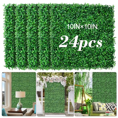 AOKIE 10"X10" Artificial Grass Wall, 24Pcs Boxwood Hedge Wall Panels UV-Anti Grass Backdrop Wall Decor, Greenery Privacy Hedge Screen for Indoor Outdoor Patio Balcony, Party Garden Fence Decor