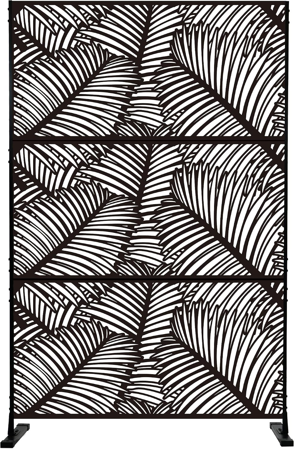 Kozyard Metal Privacy Screen 74" H x 47.2" W Decorative Outdoor Divider with Stand Panels Freestanding Screen Set for Deck Patio Balcony Garden Outdoor&Indoor (Black/Palm Leaf)