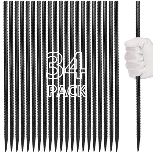 16 inches Rebar Stakes Heavy Duty (34-Pack) Metal Spikes for Concrete Timber, Garden Plant, Straight Steel Stakes for Tent, 3/8" Thickness Ground Anchors with Chisel Point End, Black