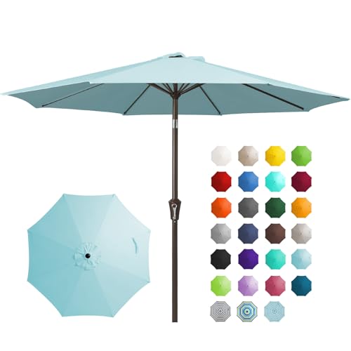 JEAREY 9FT Outdoor Patio Umbrella Outdoor Table Umbrella with Push Button Tilt and Crank, Market Umbrella 8 Sturdy Ribs UV Protection Waterproof for Garden, Deck, Backyard, Pool (Light Blue)