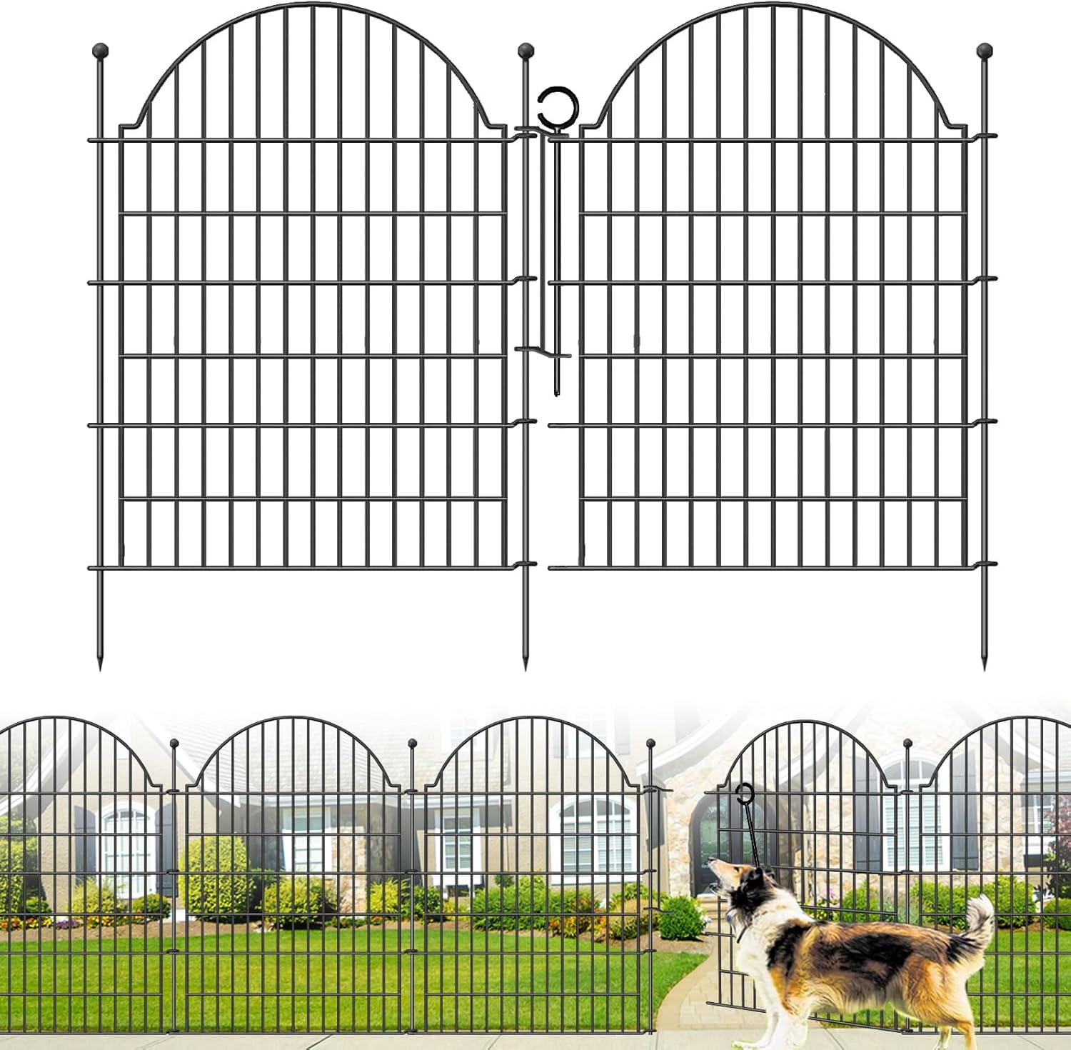 5 Panels Decorative Garden Fencing with Gate for Yard, 40in (H) x 11.8ft (L) No Dig Animal Barrier Fence, Rustproof Metal Wire Outdoor Dog Fences Panel Border with Temporary Ground Stakes