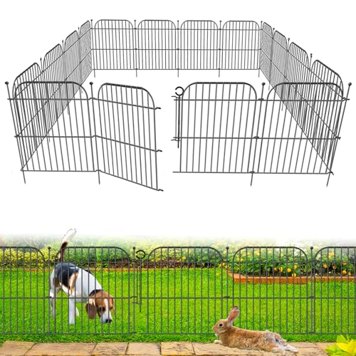 10 Panels No Dig Decorative Garden Fence with Gate, 24 in(H) x 20 ft(L) Rustproof Metal Wire Fencing Border for Yard Outdoor Decor, Temporary Animal Barrier with Stakes for Small Pets