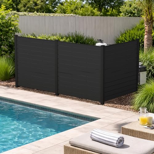 Kozyard 50" W x 48" H Outdoor Privacy Screens Aluminum Post, Air Conditioner Fence Panels, Pool Equipment Enclosure, Trash Can Screens Fence Kit for Outside Backyard Patio (Black/ 3 Panels)