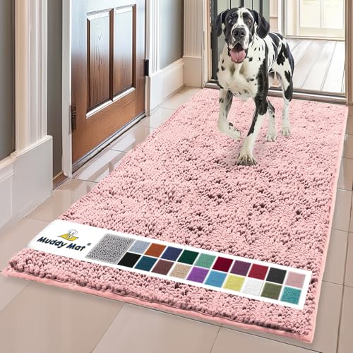 Muddy Mat Original Dog Door Mat for Muddy Paws, Super Absorbent Microfiber, Non-Slip Washable Pet Rug, Quick Dry Chenille Entryway Carpet, Machine Washable Indoor Outdoor mat, Pink 35"x60"