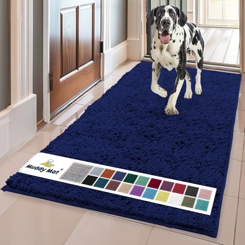 Muddy Mat Original Dog Door Mat for Muddy Paws, Super Absorbent Microfiber, Non-Slip Washable Pet Rug, Quick Dry Chenille Entryway Carpet, Machine Washable Indoor Outdoor mat, Navy Blue 24"x96"