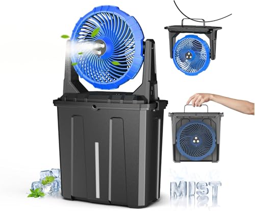 Ausic 9L Bucket Portable Misting Fan for Outdoors Patios, 20000mAh Rechargeable Battery Operated Camping Fan, 3 Strong Winds, 3 Large Spray Outlets, for Fishing/Travel/Garden Party/Golf/Tent/Office