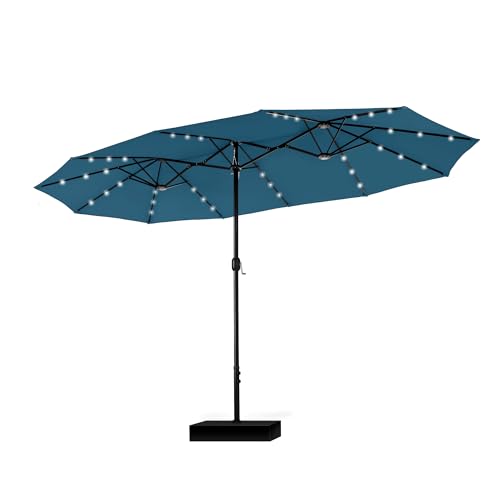 PHI VILLA 15ft Large Patio Umbrella with Solar Lights, Double-Sided Outdoor Market Rectangle Umbrellas with 36 LED Lights, Umbrella Base (Stand) Included, Cyan
