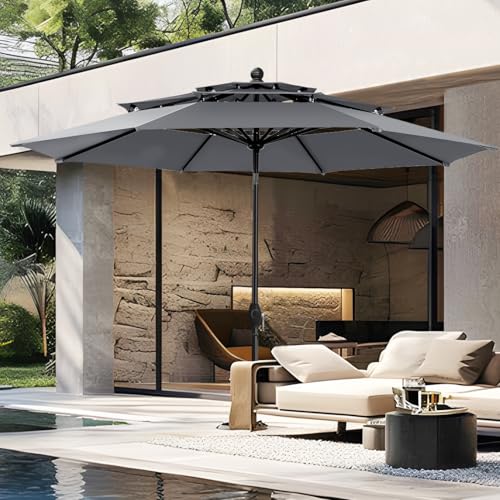 PHI VILLA 10ft Outdoor Patio Umbrellas for Outside, 3 Tier Vented Market Table Umbrella Windproof for Backyard, Deck, Garden, 1.5" Pole, Grey(No Base)