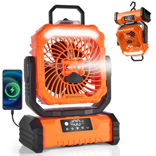 Odoland Portable Misting Fan with Light, 30000mAh Rechargeable Battery Camping Fan with 2 Spray Mister, Outdoors Tent Ventilador with Remote and Hook for Indoor Cooling Hiking Patio, Orange