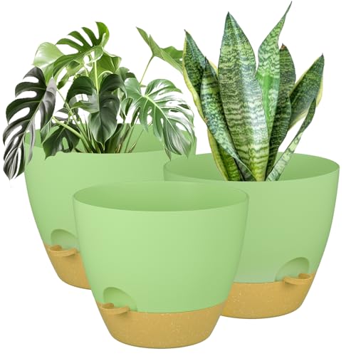 ZMTECH 3Pcs 12Inch Plant Pot Planter for Indoor Plants Self Watering Large Flower Pot with Drainage Holes and Saucer for Outdoor Plants(Green with Brown)