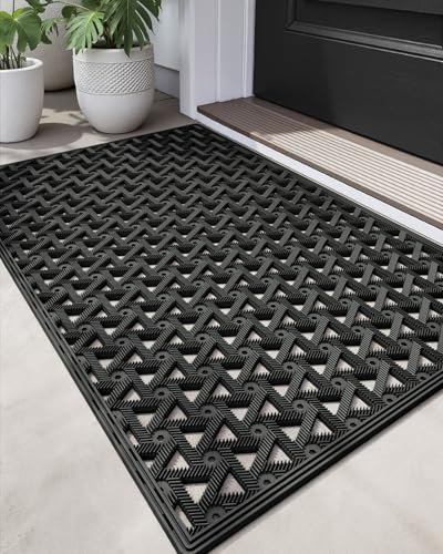 DEXI Front Door Mat Outside Entrance,24x36 Rubber Floor Doormat Heavy Duty Non Slip, Dirt Trapper Waterproof Exterior Entry Mats All Weather for Patio Entryway Drainage, Black