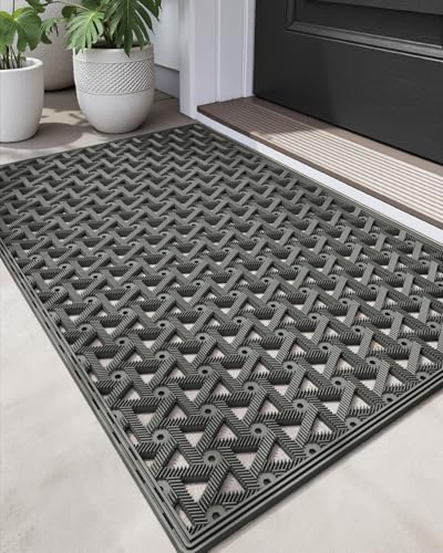 DEXI Front Door Mat Outside Entrance,24x36 Rubber Floor Doormat Heavy Duty Non Slip, Dirt Trapper Waterproof Exterior Entry Mats All Weather for Patio Entryway Drainage, Grey