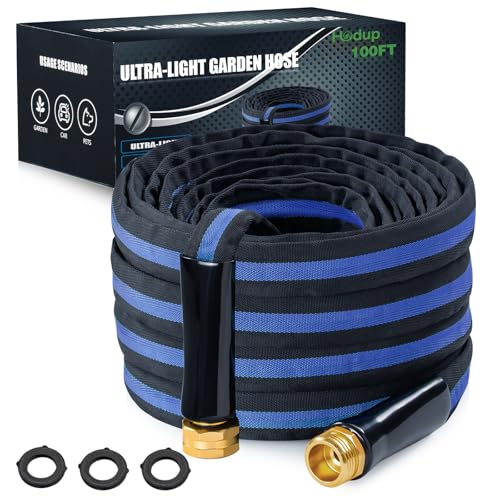 Ultra Lightweight 100FT Garden Hose - Heavy-Duty Kink-Free Flexible Hose, Non-Expanding Design with Aluminum Brass Fittings, Crush-Proof for Yard/Lawn/Outdoor Use(black-blue, 100 FT)
