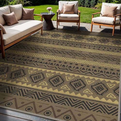 GENIMO Outdoor Rug for Patio Clearance, 8'x10' Reversible Plastic Straw Rugs, Lightweight Waterproof RV Camping Mat for Camper, Balcony, Deck, Backyard, Picnic, CoffeeBeige