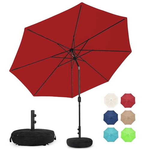 Sundale Outdoor 11 ft Patio Umbrella with Sand Bag Umbrella Base Included, Outdoor Umbrella with Tilt and Crank, Red