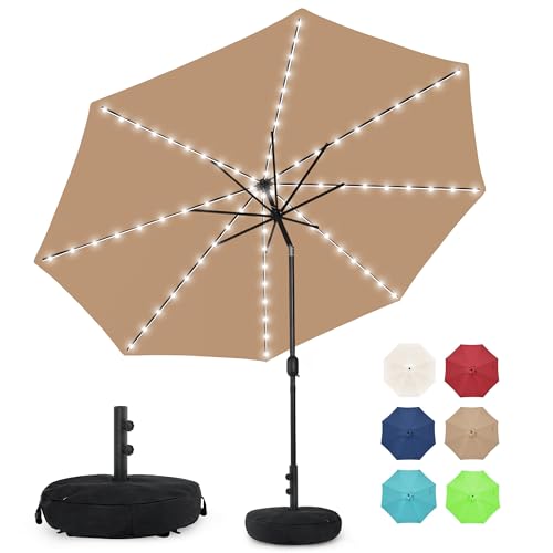 Sundale Outdoor Solar 80 LED 9 ft Patio Umbrella with Sand Bag Umbrella Base, Outdoor Umbrella with Tilt and Crank, Tan