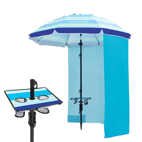 HOMEDEMO Heavy Duty High Wind Beach Umbrella with Sand Anchor,Built-in Table Tray & Tilt Pole&Hook& Curtain, UPF 50+ Windproof Portable Beach Umbrella for Patio Garden Pool Backyard