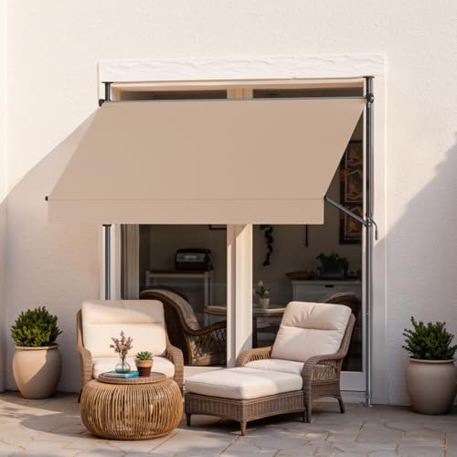 Grandekor Manual Retractable Awning,118" W x 118" H,No Drilling Outdoor Sun Shade Patio Awning,Adjustable Patio Door Window with UV 50+ Protection for Backyard,Garden,Balcony,Max Height 118",Khaki