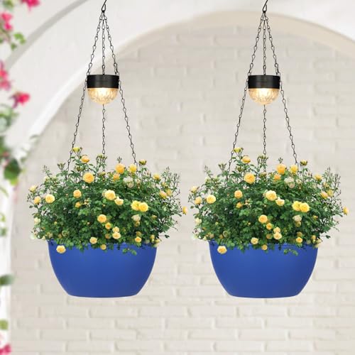 2 Packs Hanging Planters Basket for Outdoor Plants, Solar Powered Self Watering Blue Round Plastic Flower Pots with Drainer for Balcony Patio Garden Outdoor Decoration