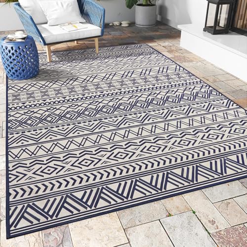 Outdoor Rug Carpet 6x9 ft, Flatweave Textured Outdoor Patio Rug Non Slip Indoor Outdoor Rugs with Rubber Particles Backing Boho Outdoor Area Rug for Patio Deck Front Porch Backyard Balcony, Navy
