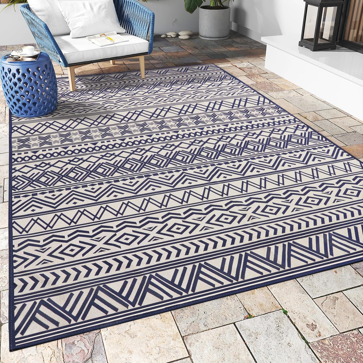 Outdoor Rug Carpet 8x10 ft, Flatweave Textured Outdoor Patio Rug Non Slip Indoor Outdoor Rugs with Rubber Particles Backing Boho Outdoor Area Rug for Patio Deck Front Porch Backyard Balcony, Navy