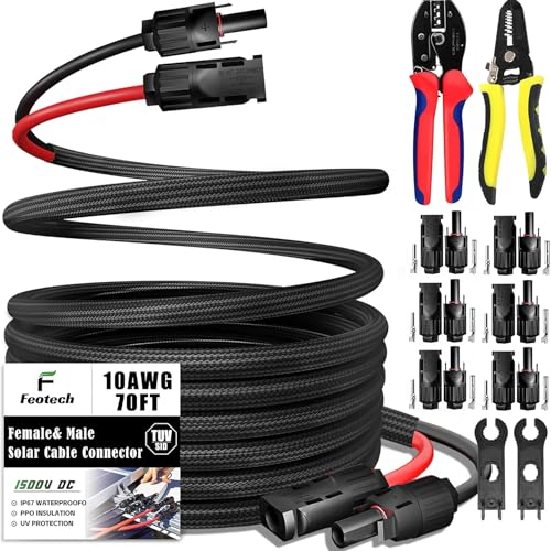 Twin Wire 70 Feet Solar Extension Cable 10AWG with -IP67- Female and Male Connector, Bonus Four Pairs of Free Connector Solar Panel Adapter kit Tools (6 Pairs connectors)