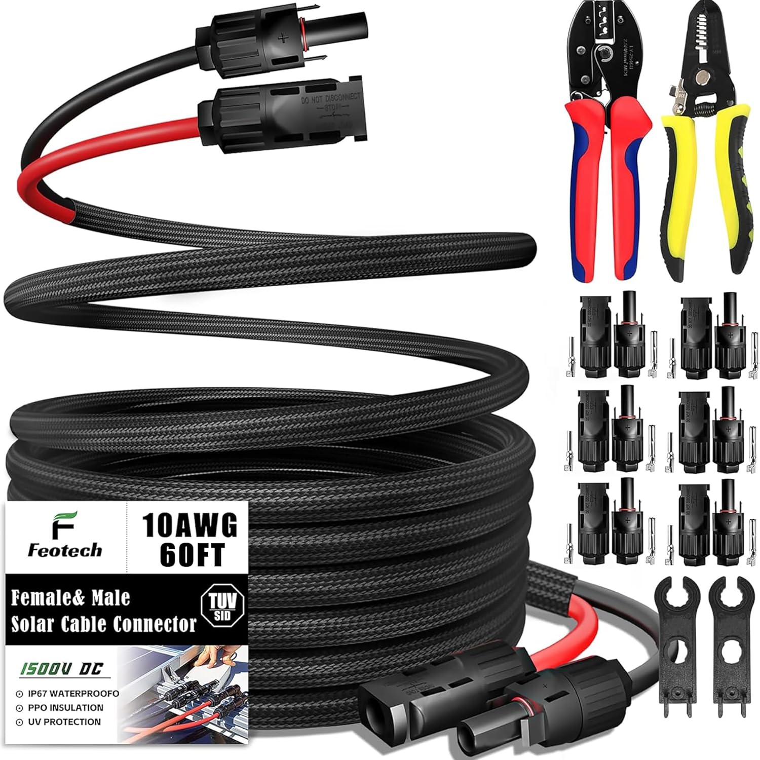Twin Wire 60 Feet Solar Extension Cable 10AWG with -IP67- Female and Male Connector, Bonus Four Pairs of Free Connector Solar Panel Adapter kit Tools (6 Pairs connectors)