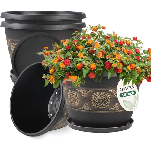 4 Pack 16 inch Plant Pots, Retro Pattern Planters with Drainage Holes and Saucer, Sturdy Plastic Garden Flower Pots for Indoor & Outdoor Plants
