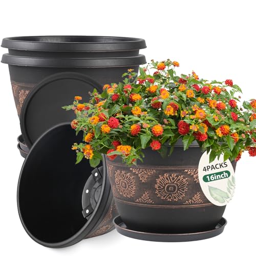 4 Pack 16 inch Plant Pots, Retro Pattern Planters with Drainage Holes and Saucer, Sturdy Plastic Garden Flower Pots for Indoor & Outdoor Plants
