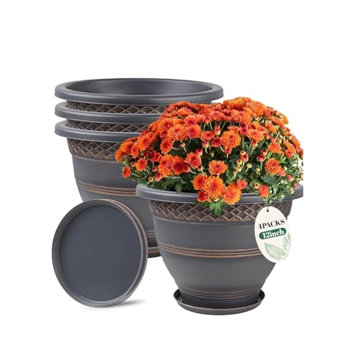 4 Pack 12 Inch Large Plant Pots, Plastic Flower Pot for Indoor & Outdoor with Drainage Holes & Saucer, Plaid Pattern Planters Garden Pots for Herbs Bronze