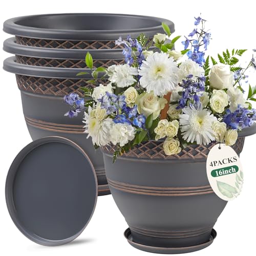 4 Pack 16 Inch Large Plant Pots, Plastic Flower Pot for Indoor & Outdoor with Drainage Holes & Saucer, Plaid Pattern Planters Garden Pots for Herbs