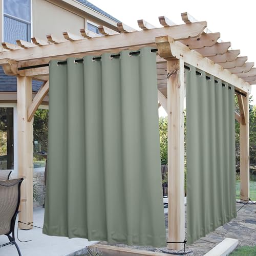 NICETOWN 2 Panels Outdoor Curtains for Patio Extra Wide 84" , Waterproof & Windproof Grommet & Back Tab Fixed Top and Bottom Thermal Insulated Privacy Drapes with Rope for Deck, Sage Green, W84 x L108