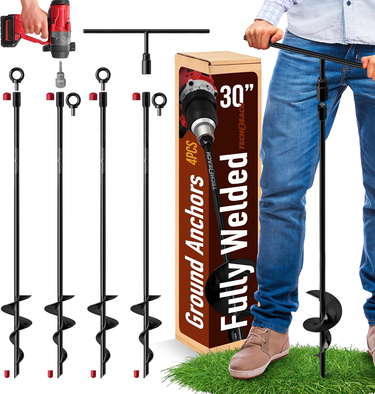 30 inch Ground Anchors Heavy Duty Screw in - Kit of 4