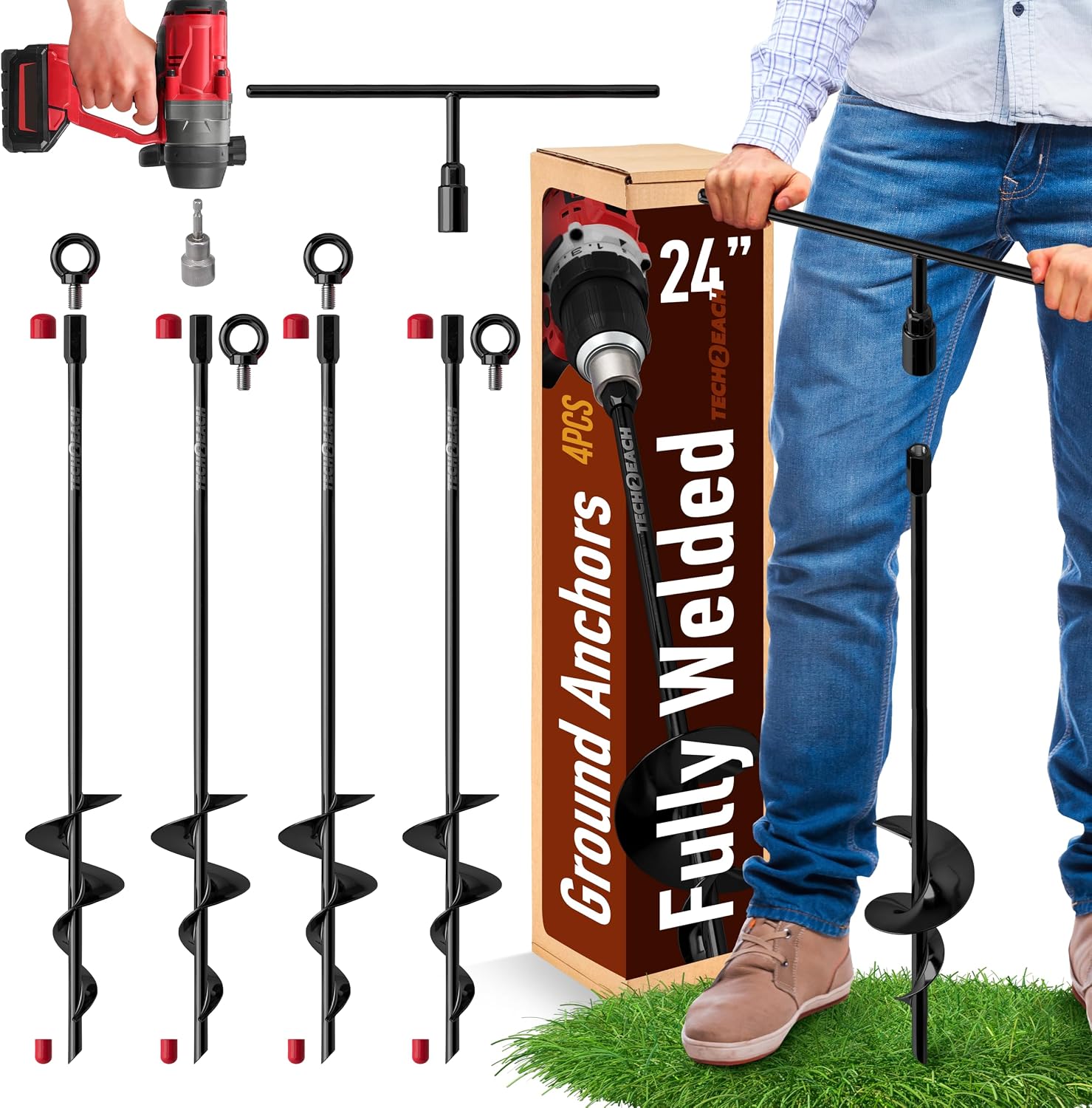 24 inch Ground Anchors Heavy Duty Screw in - Kit of 4