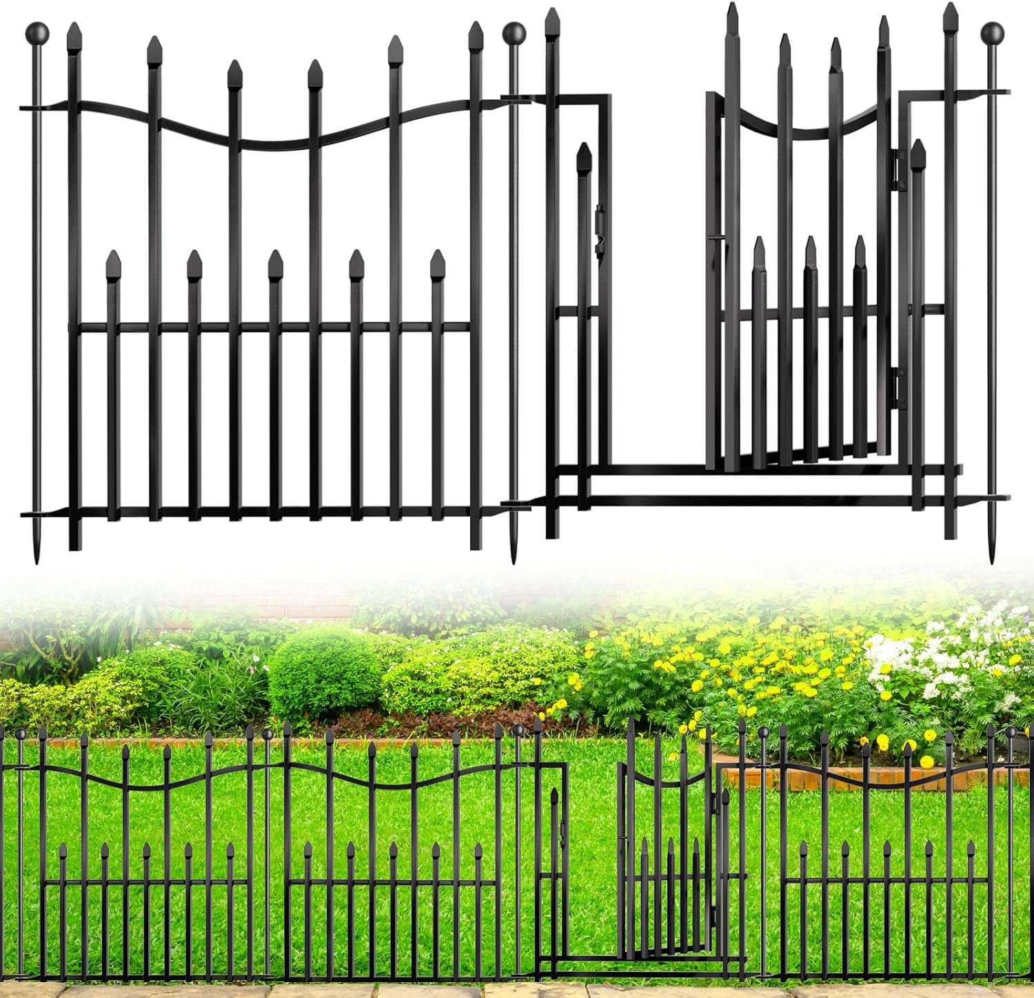 5 Panels No Dig Decorative Garden Fence with Gate, 24in(H)  11ft(L) Heavy-Duty Rustproof Metal Panels, Outdoor Dog Barrier for Yard & Patio, Landscape, Border| Portable Temporary Fencing