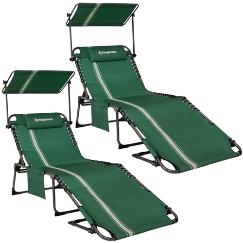 KingCamp 2 Pack Lounge Chair Outdoor with Canopy & Face Hole, Adjustable 5-Position Folding Chaise Tanning Recliner Portable Comfy Chaiser for Camping Outside Patio Pool Beach, Green/White