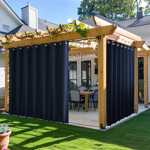 NICETOWN 2 Panels Outdoor Curtains for Patio, Waterproof & Windproof Grommet & Back Tab on Top & Bottom Thermal Insulated Sun Blocking Privacy Drapes with Rope for Pergola, Navy Blue, W100 x L95
